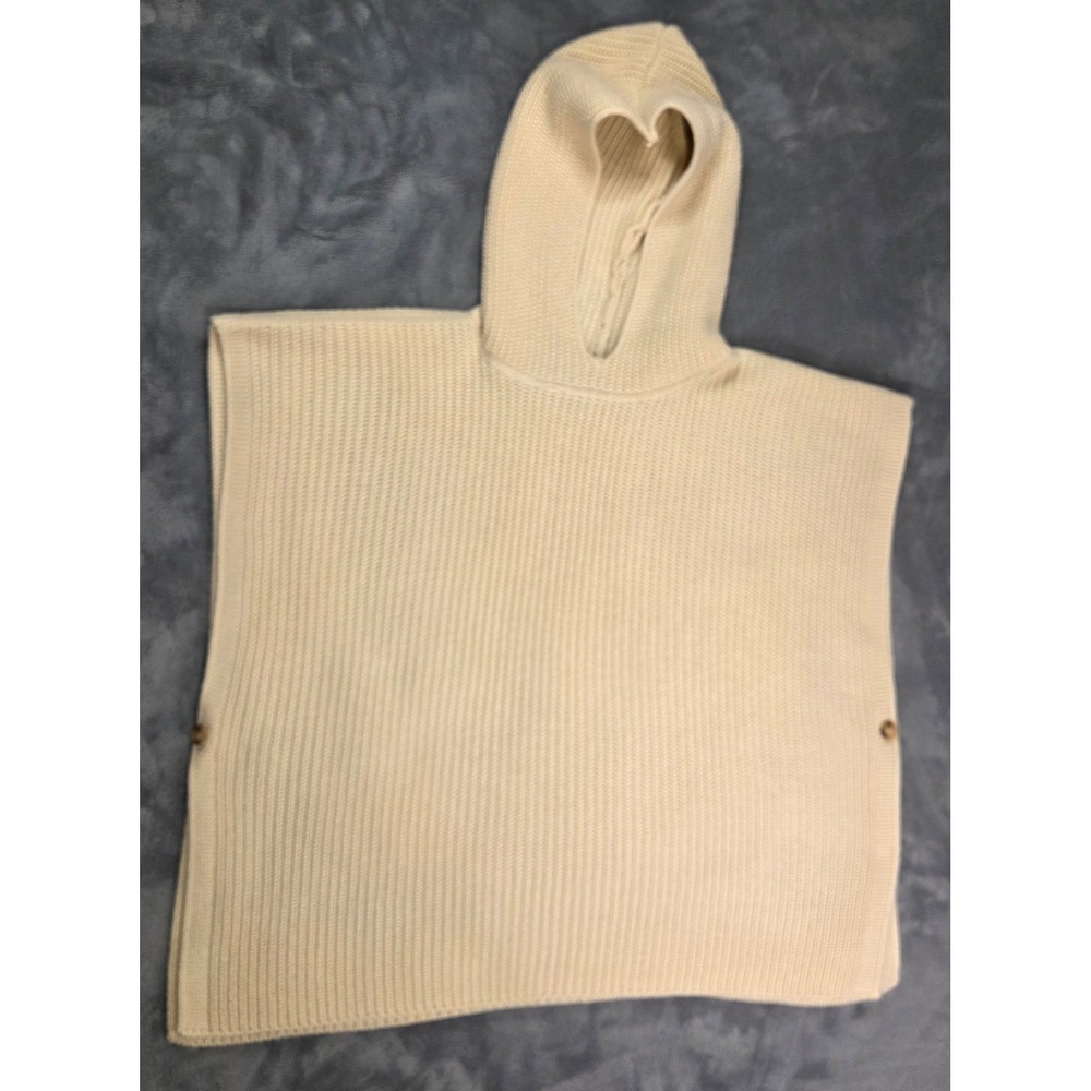 SoyaConcept Women Hooded Ribbed Knit Poncho OS Cream Button Side‎ Sweater